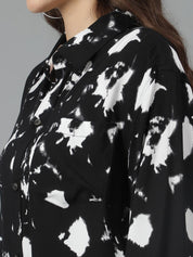 Kotty Women Spread Collar Abstract Printed Cotton Oversized Casual Shirt