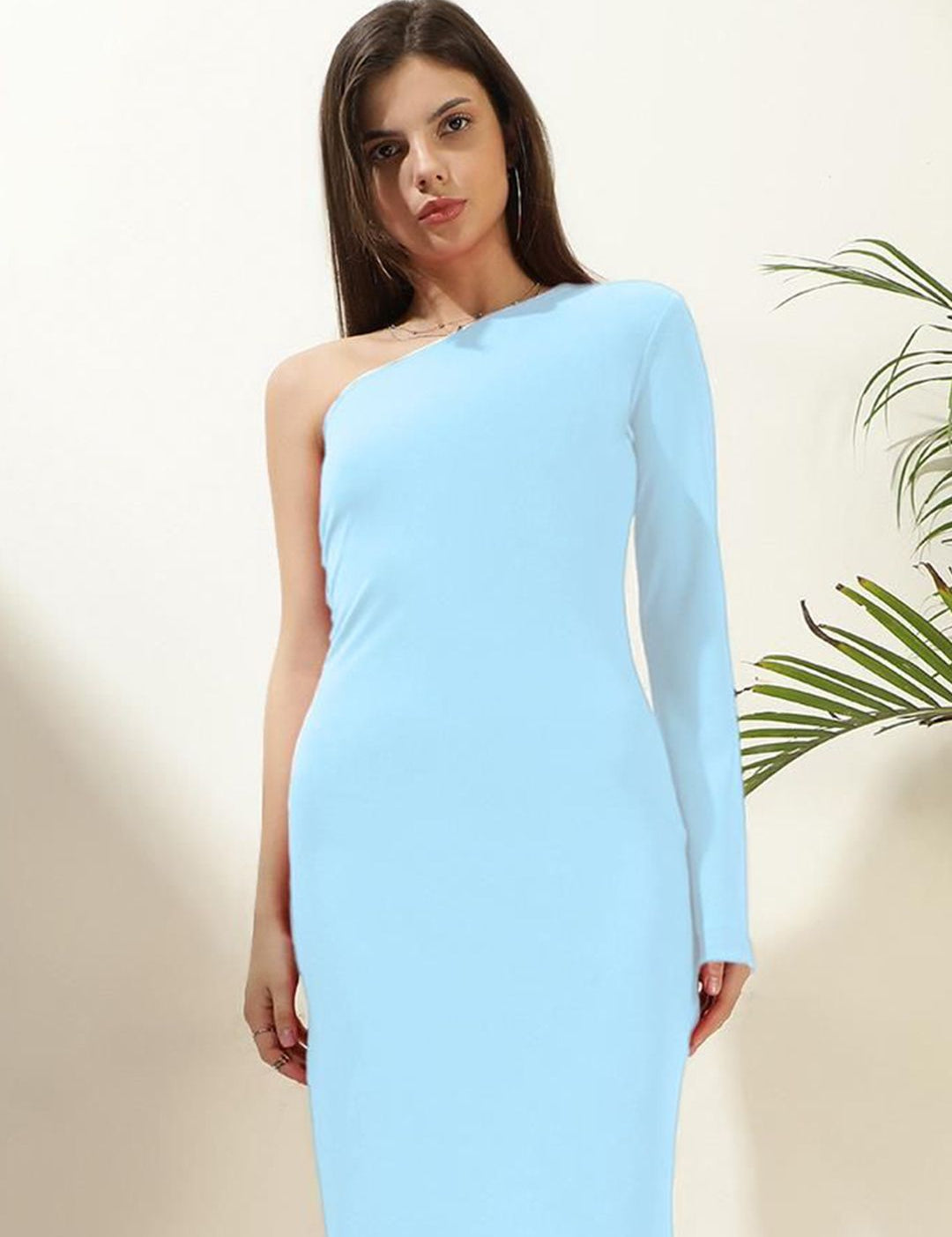 Kotty Solid One Shoulder Bodycon Knee Length Dress