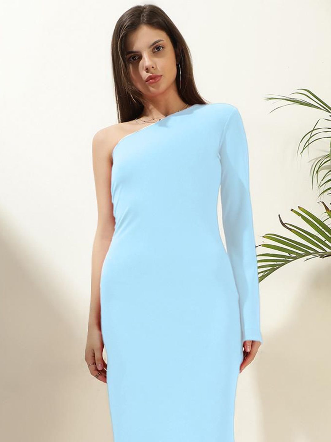 Kotty Solid One Shoulder Bodycon Knee Length Dress