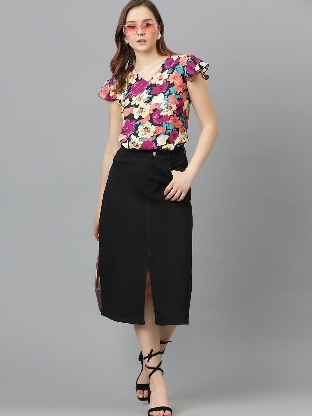 Kotty Women Floral Printed V-Neck Flutter Sleeve Top