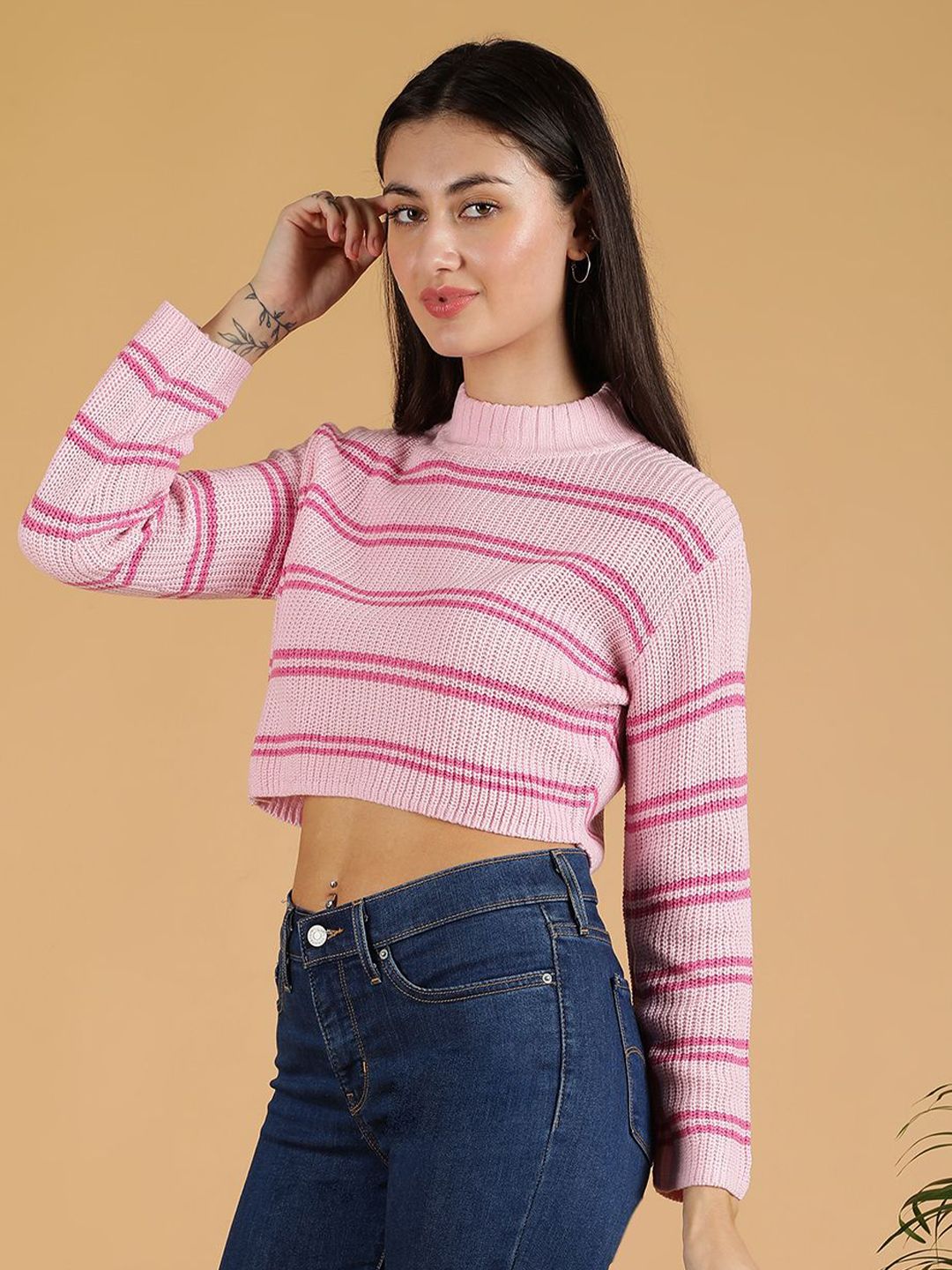 Kotty Women Striped Round Neck Crop Pullover Sweater 