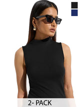Kotty Pack Of 2 Solid High Neck Sleeveless Fitted Top