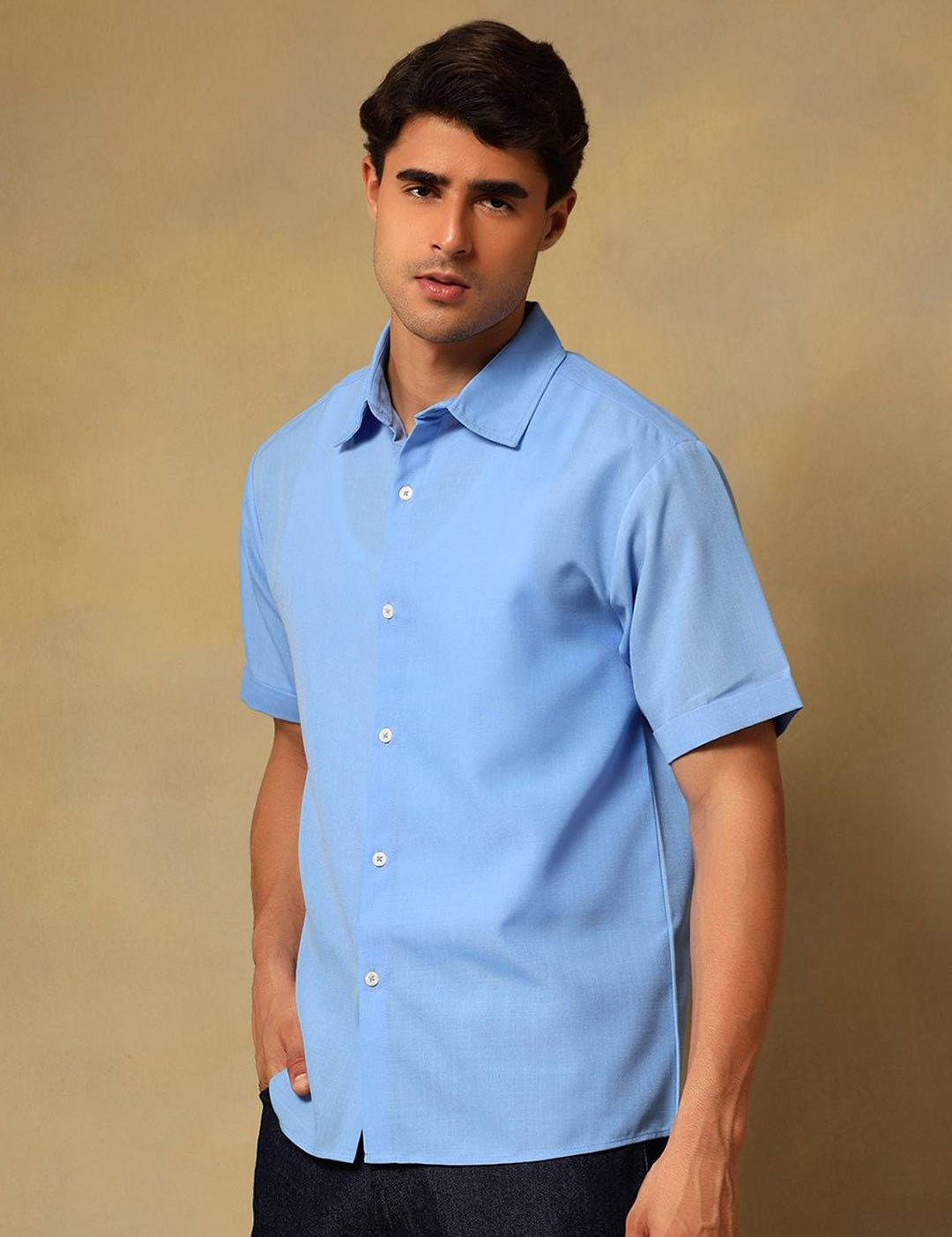 Kotty Men Comfort Fit Solid Spread Collar Linen Casual Shirt