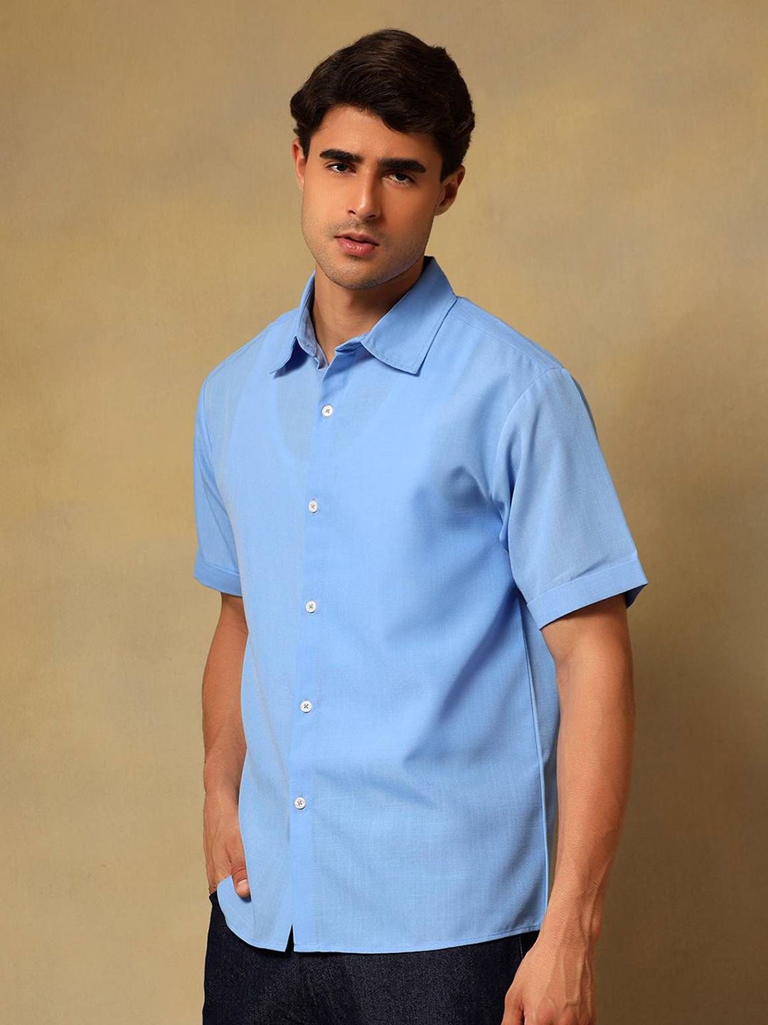 Kotty Men Comfort Fit Solid Spread Collar Linen Casual Shirt