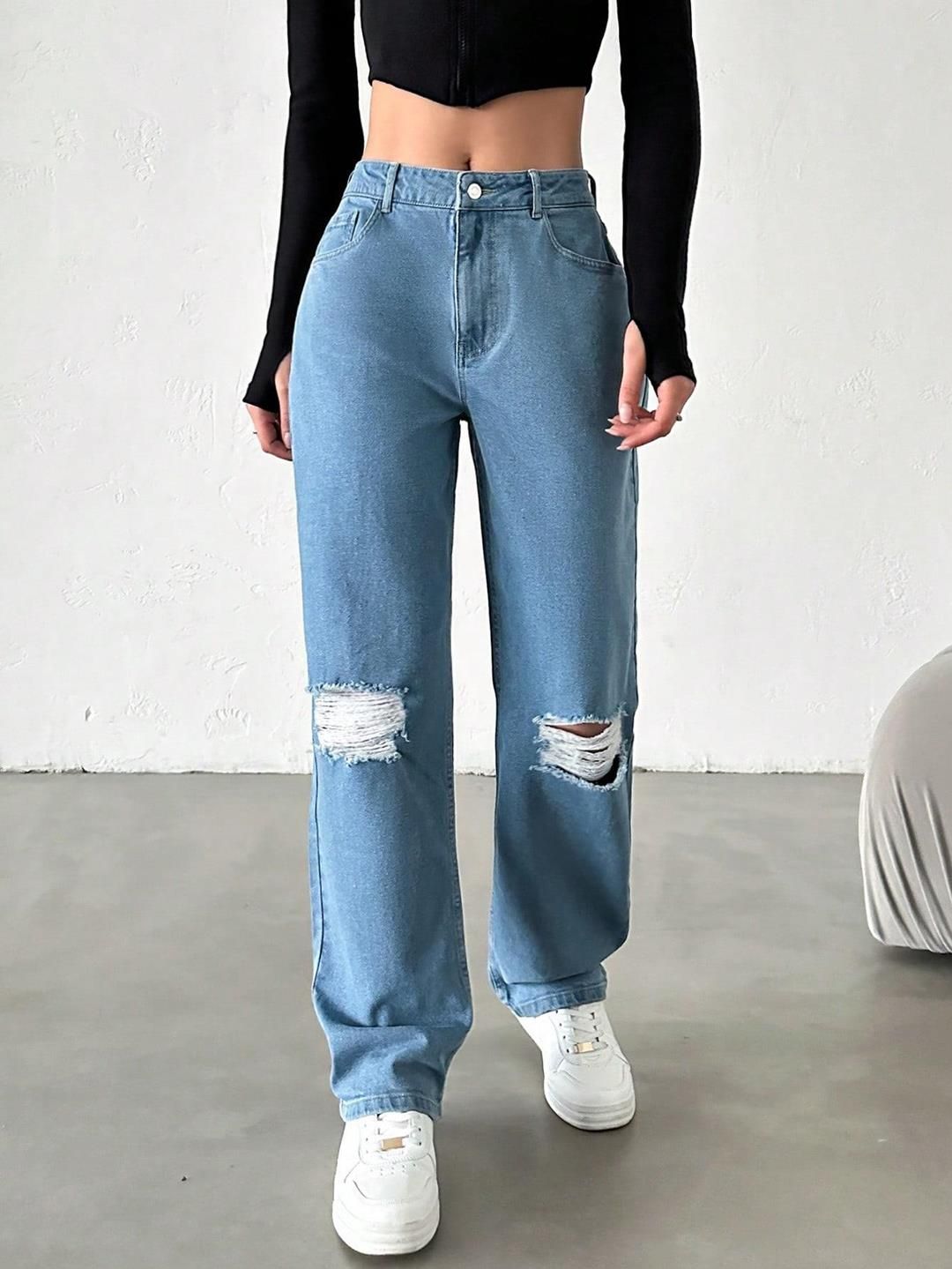 Kotty Women Straight Fit High-Rise Highly Distressed Stretchable Jeans