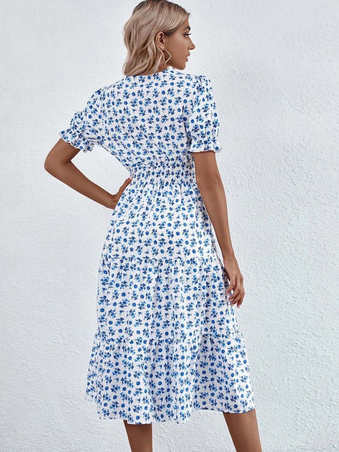 Kotty Women Floral Printed Puff Sleeves Smocked Wrap Midi Dress