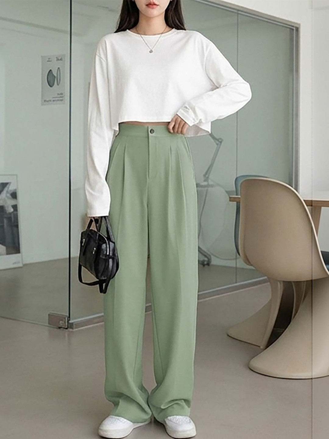 Green Regular Fit High-Rise Trousers for Women | Kotty