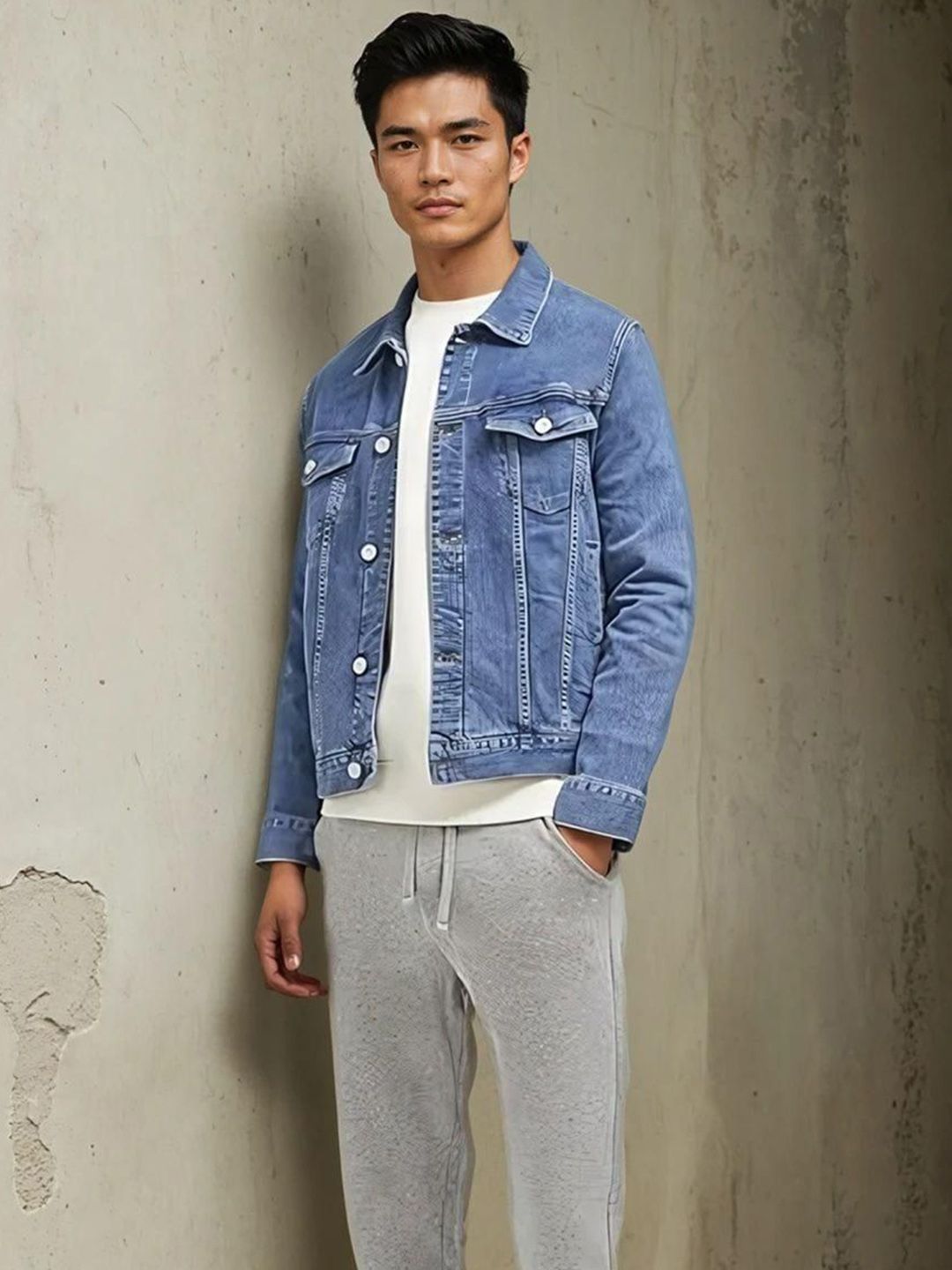 Kotty Men Spread Collar Washed Solid Denim Jacket