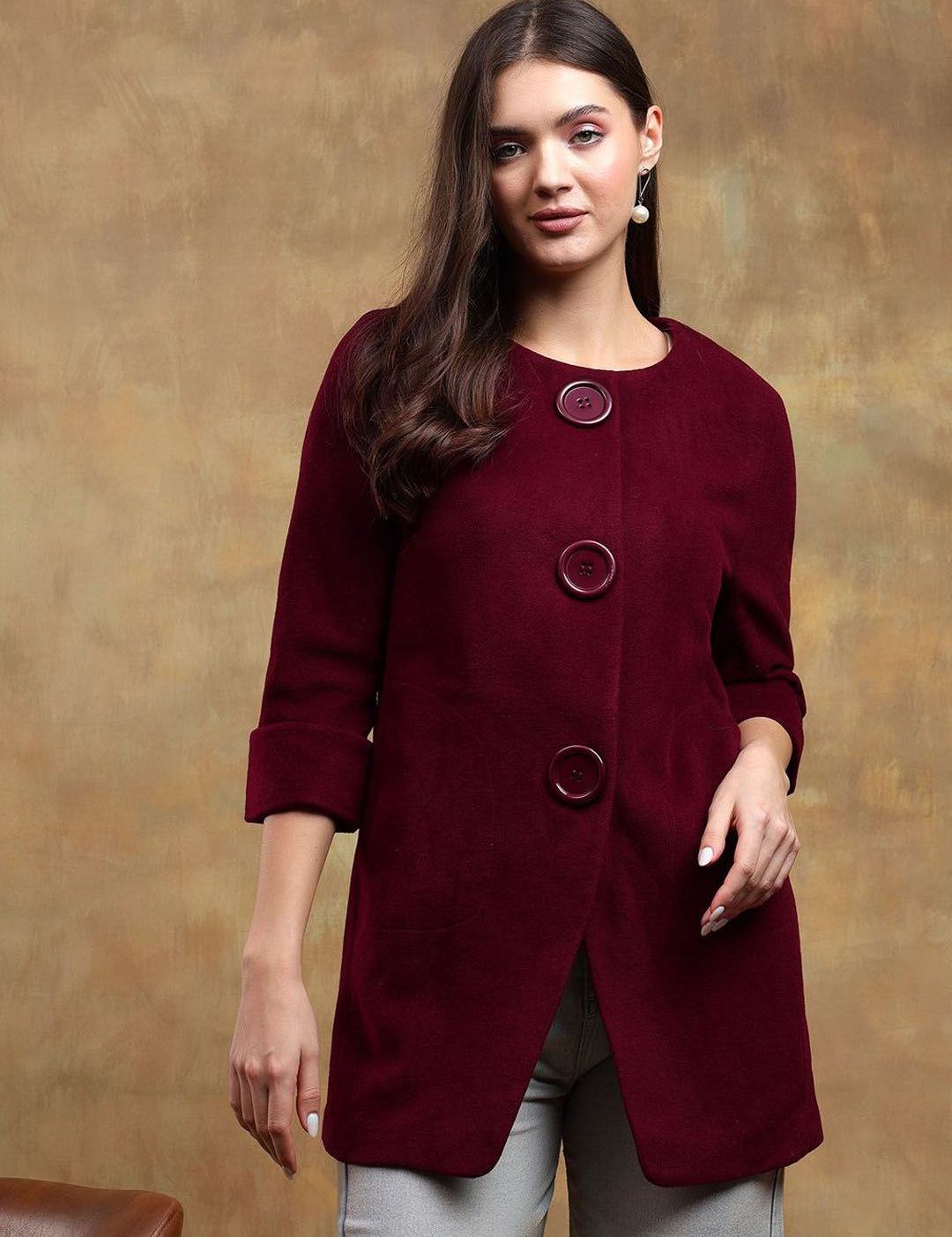 Kotty Women Solid Overcoat with Mock Button