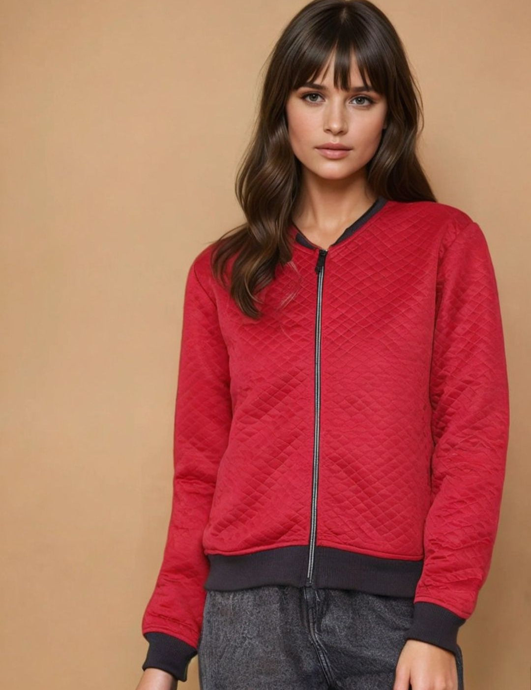 Kotty Women Mandarin Collar Self Design Bomber Jacket