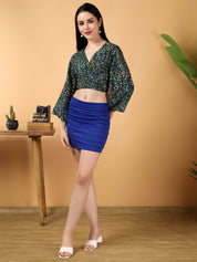 Kotty Floral Print Bell Sleeve Crepe Wrap Crop Top