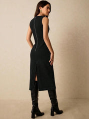 Kotty women sleek sleeveless black midi sheath dress