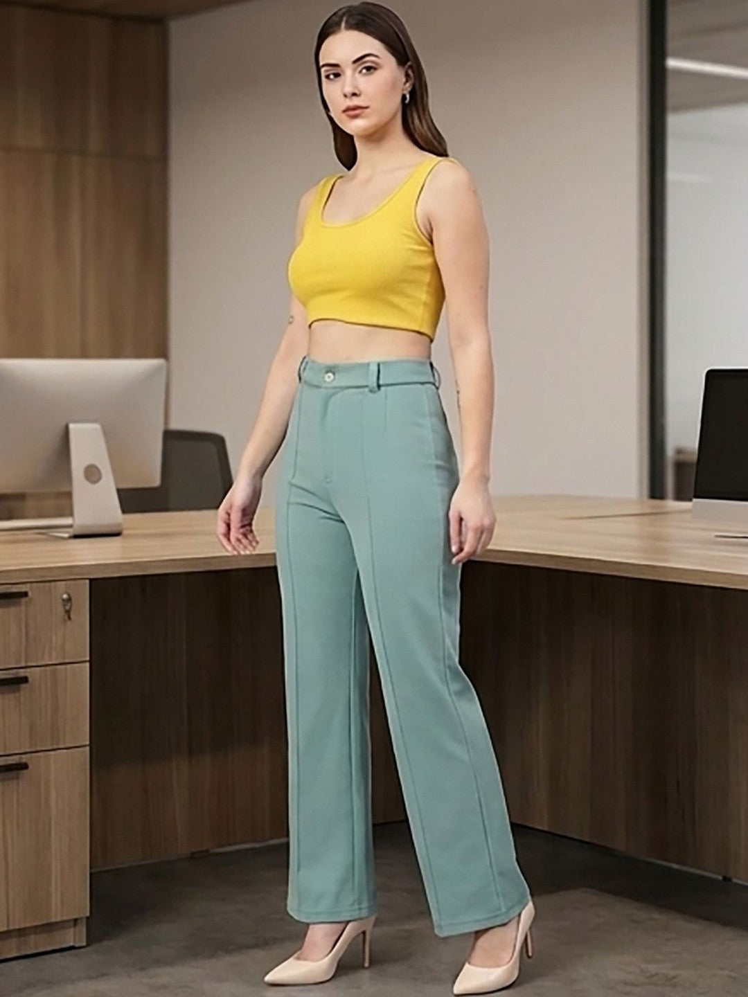 Teal Regular Fit High-Rise Trousers for Women – Modern Solid Design | Kotty