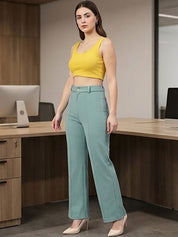 Teal Regular Fit High-Rise Trousers for Women – Modern Solid Design | Kotty
