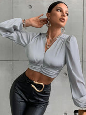 Kotty Women Bishop Sleeves Satin V-Neck Wrap Crop Top