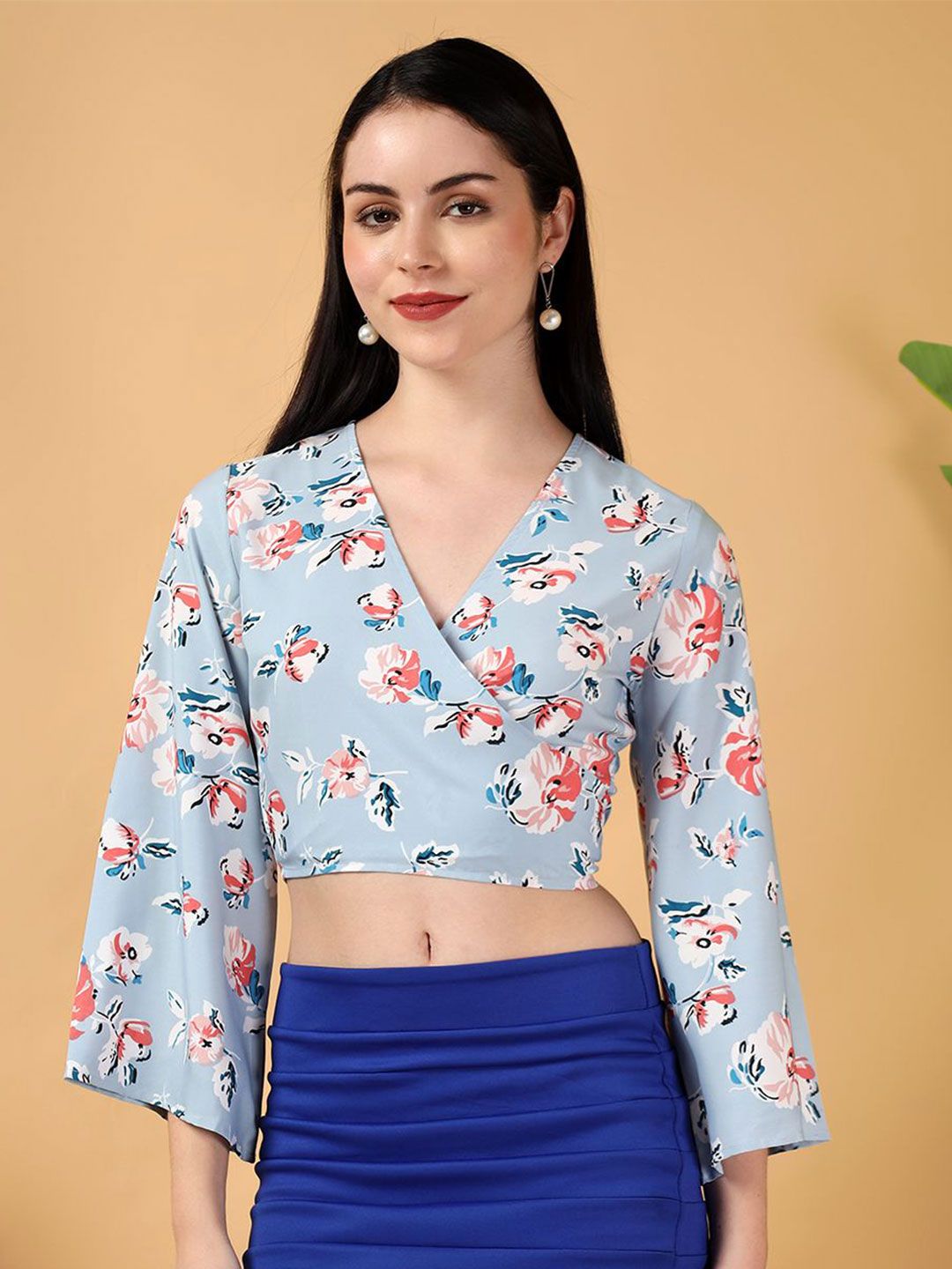 Kotty Floral Print Bell Sleeve Crepe Wrap Crop Top