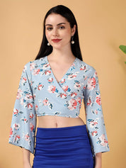 Kotty Floral Print Bell Sleeve Crepe Wrap Crop Top