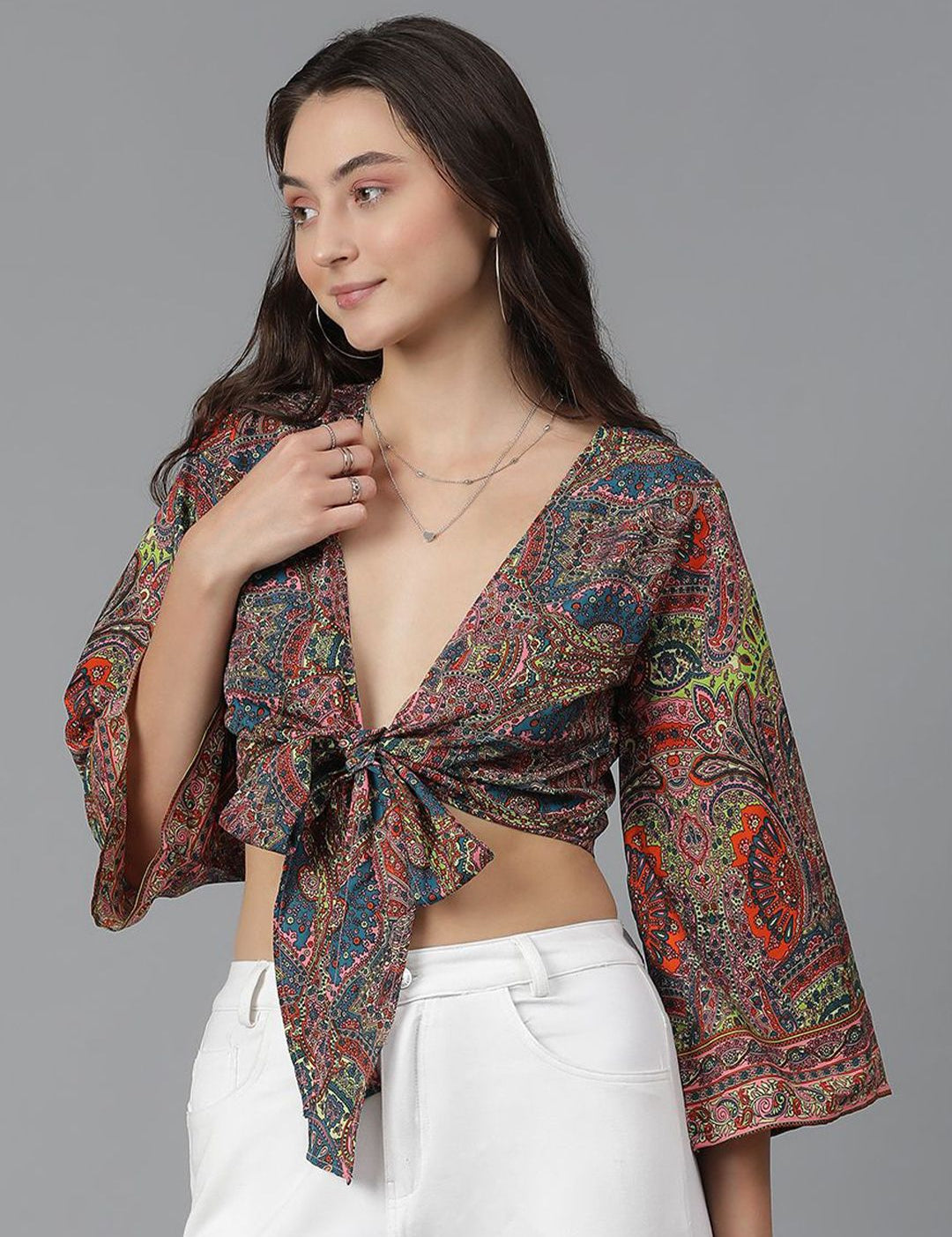 Kotty Floral Print Flared Sleeve Crop Top