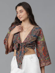Kotty Floral Print Flared Sleeve Crop Top