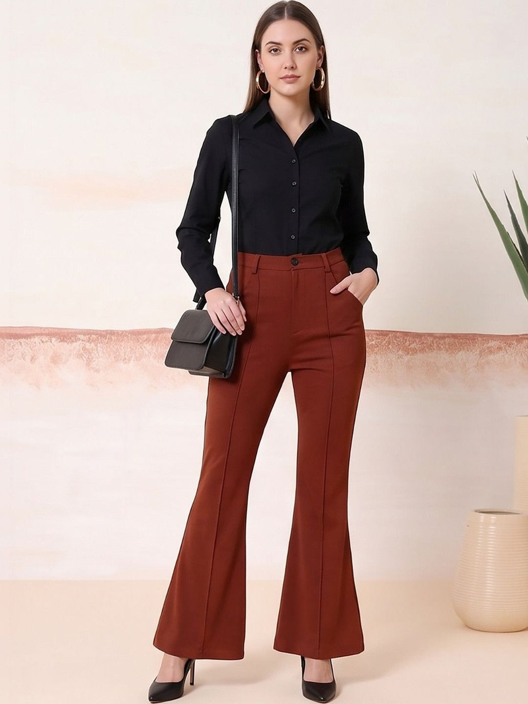 Brown Straight Fit High-Rise Trousers for Women – Chic Solid Design | Kotty
