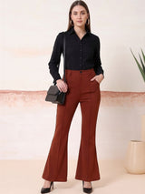 Brown Straight Fit High-Rise Trousers for Women – Chic Solid Design | Kotty
