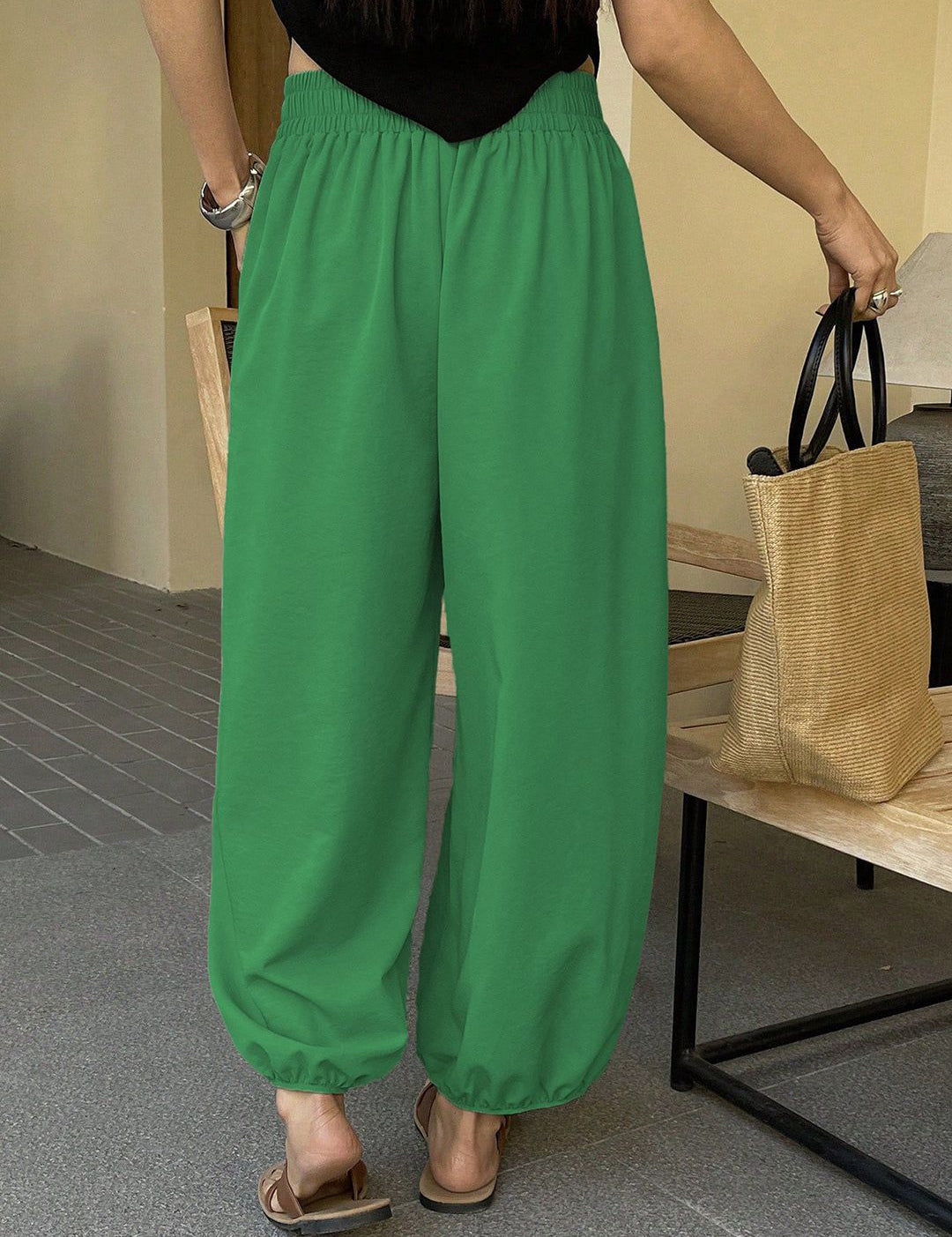 Kotty Women Relaxed Fit High-Rise Balloon Pants Trousers with Elasticated Hem