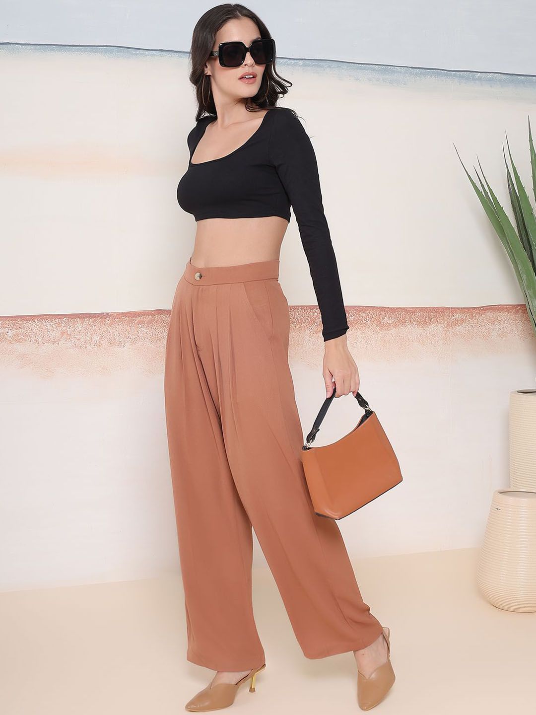 Kotty Women Comfort Relaxed Fit High-Rise Pleated Parallel Trousers