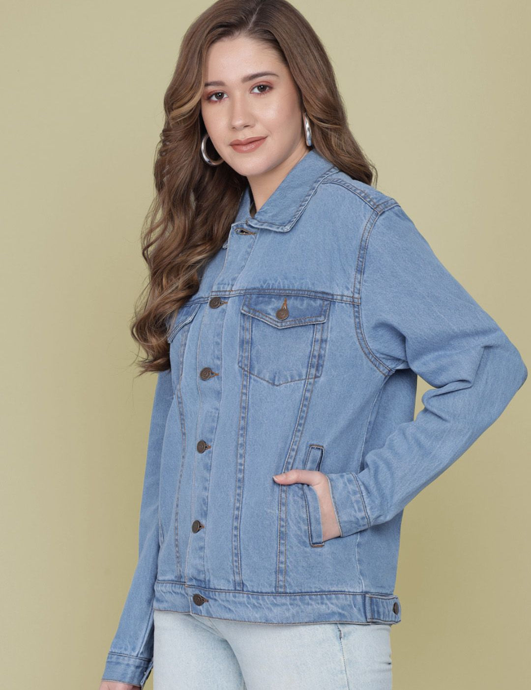 Kotty Women Spread Collar Solid Cotton Casual Denim Jacket