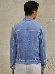 Kotty Men Spread Collar Washed Solid Denim Jacket