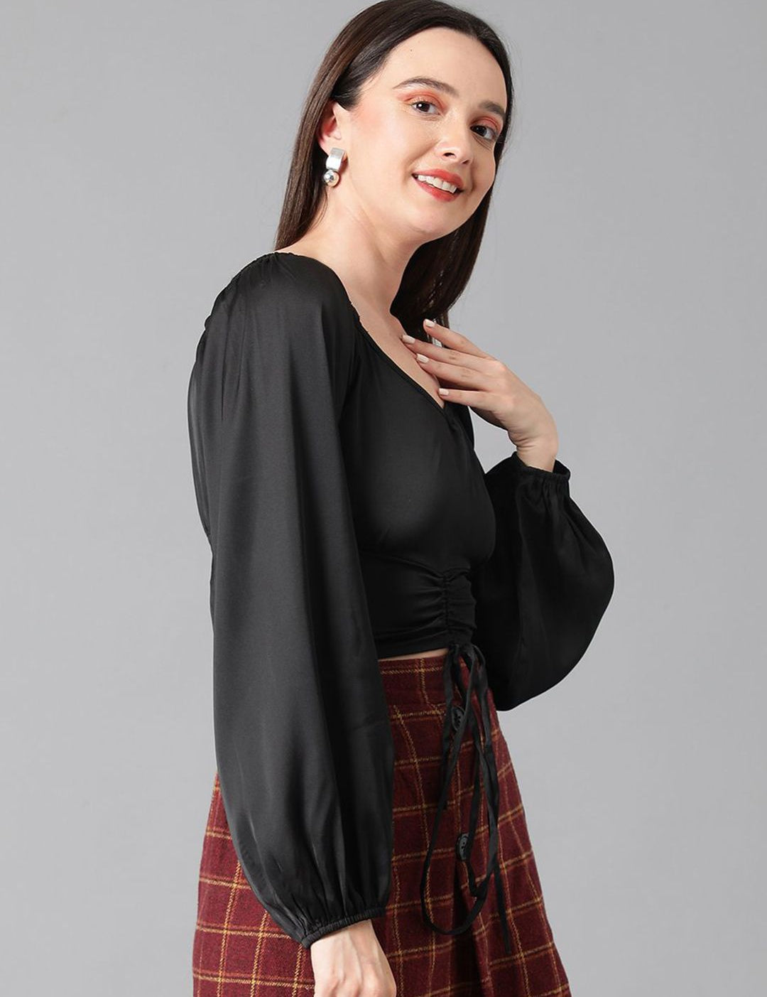 Kotty Women Solid V-Neck  Bishop Sleeves Satin Crop Top