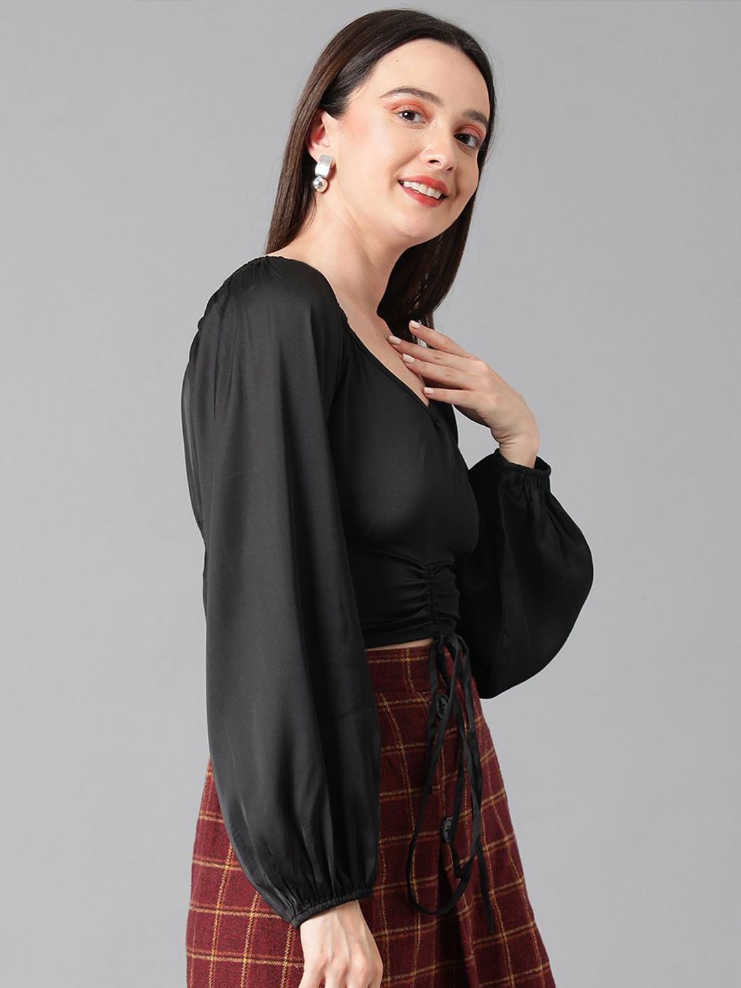 Kotty Women Solid V-Neck  Bishop Sleeves Satin Crop Top