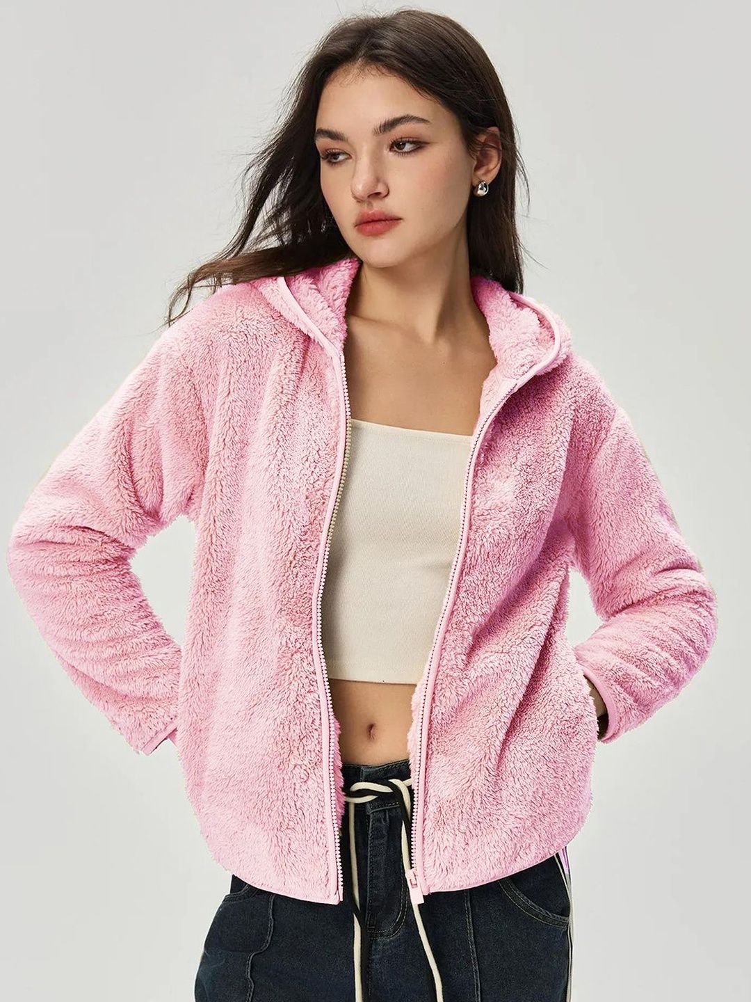 Kotty Women Hooded Self Design Open Front Jacket