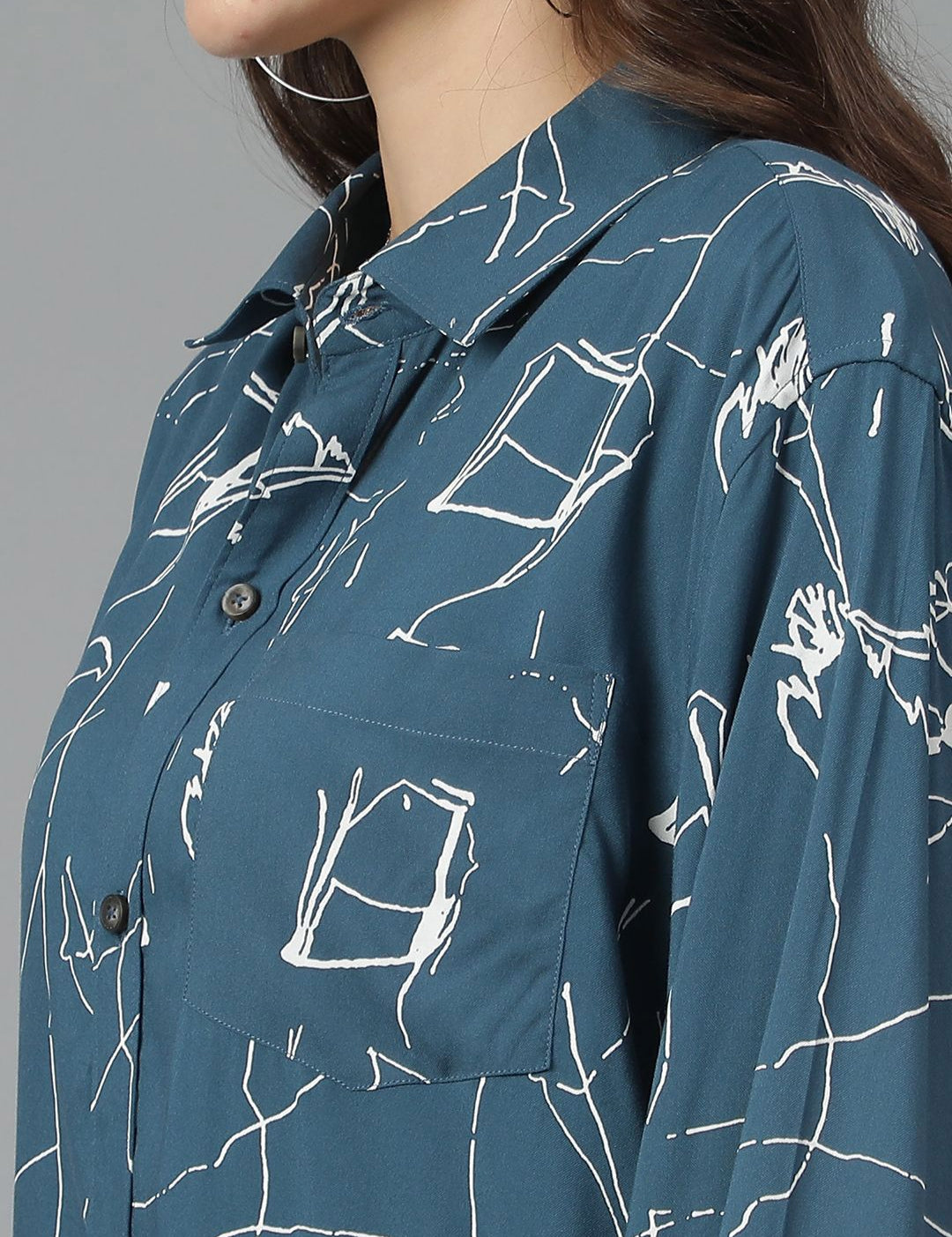Kotty Women Spread Collar Abstract Printed Cotton Oversized Casual Shirt