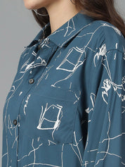 Kotty Women Spread Collar Abstract Printed Cotton Oversized Casual Shirt