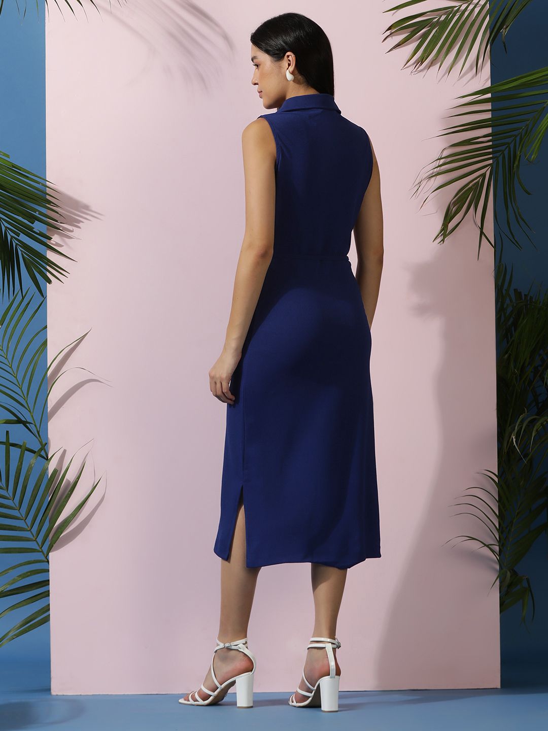 Kotty Solid Shirt Collar A-Line Midi Dress