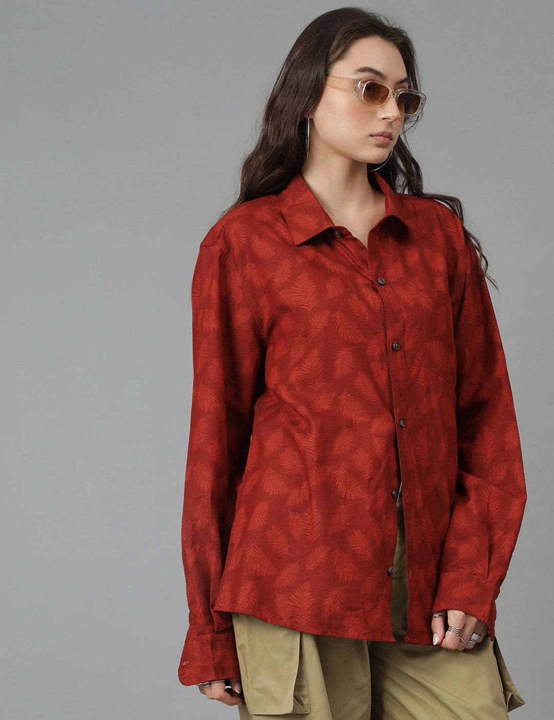 Kotty Women Spread Collar Floral Printed Cotton Oversized Casual Shirt