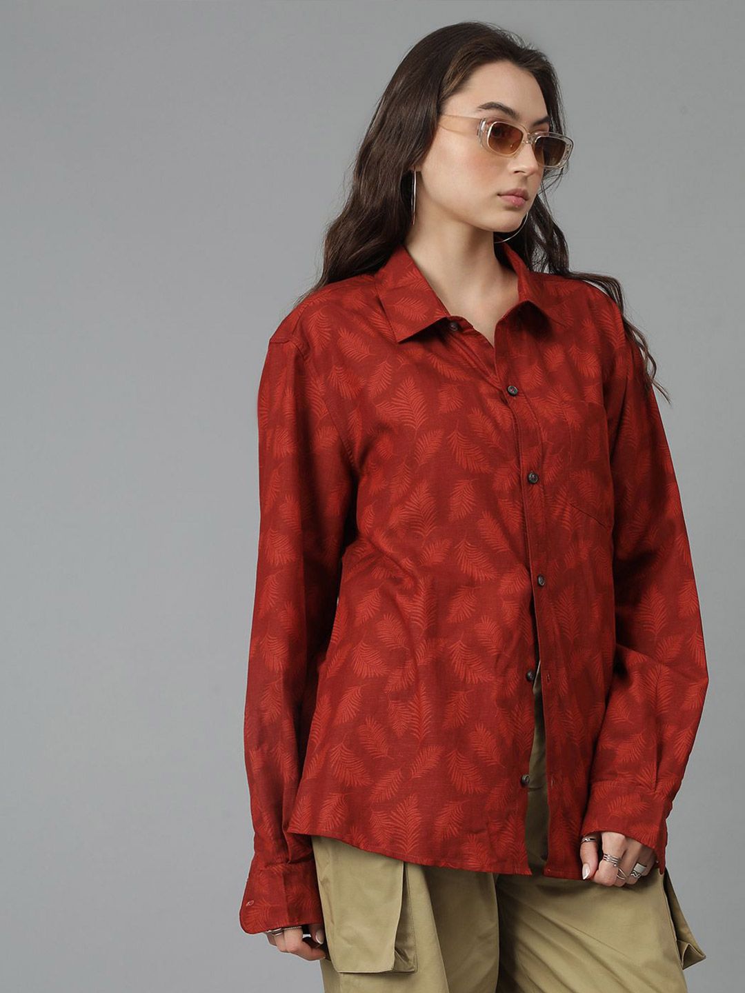Kotty Women Spread Collar Floral Printed Cotton Oversized Casual Shirt