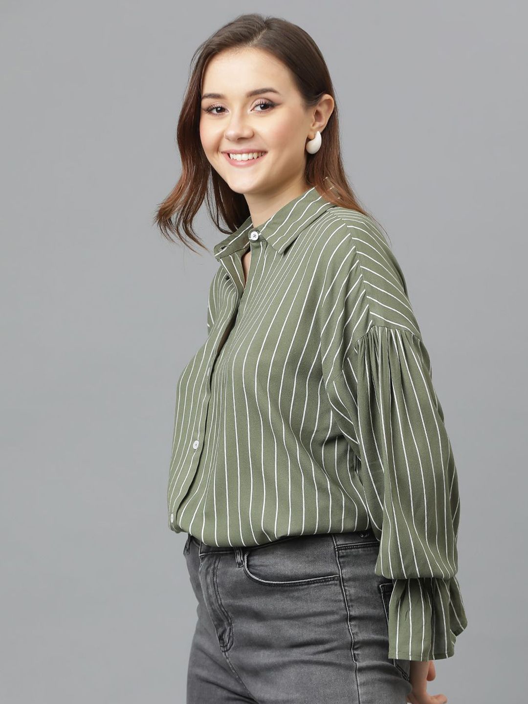 Kotty Women Comfort Spread Collar Vertical Striped Cotton Oversized Casual Shirt