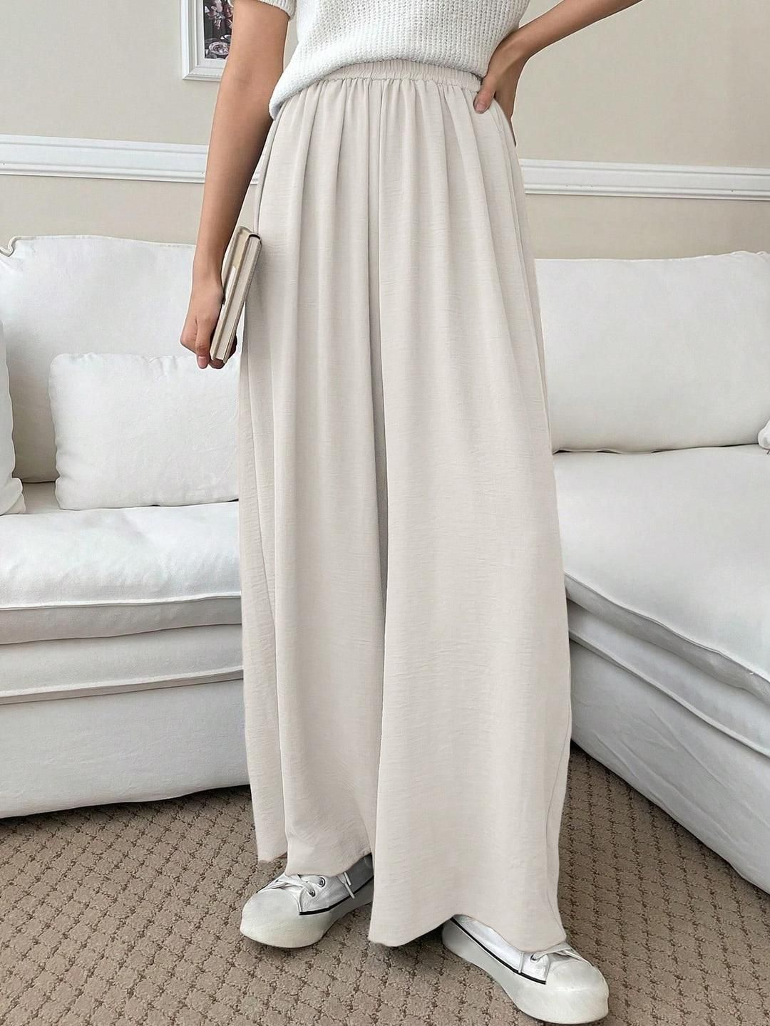 Kotty Women Solid High-Rise Flowy Pants with Elasticated Waist