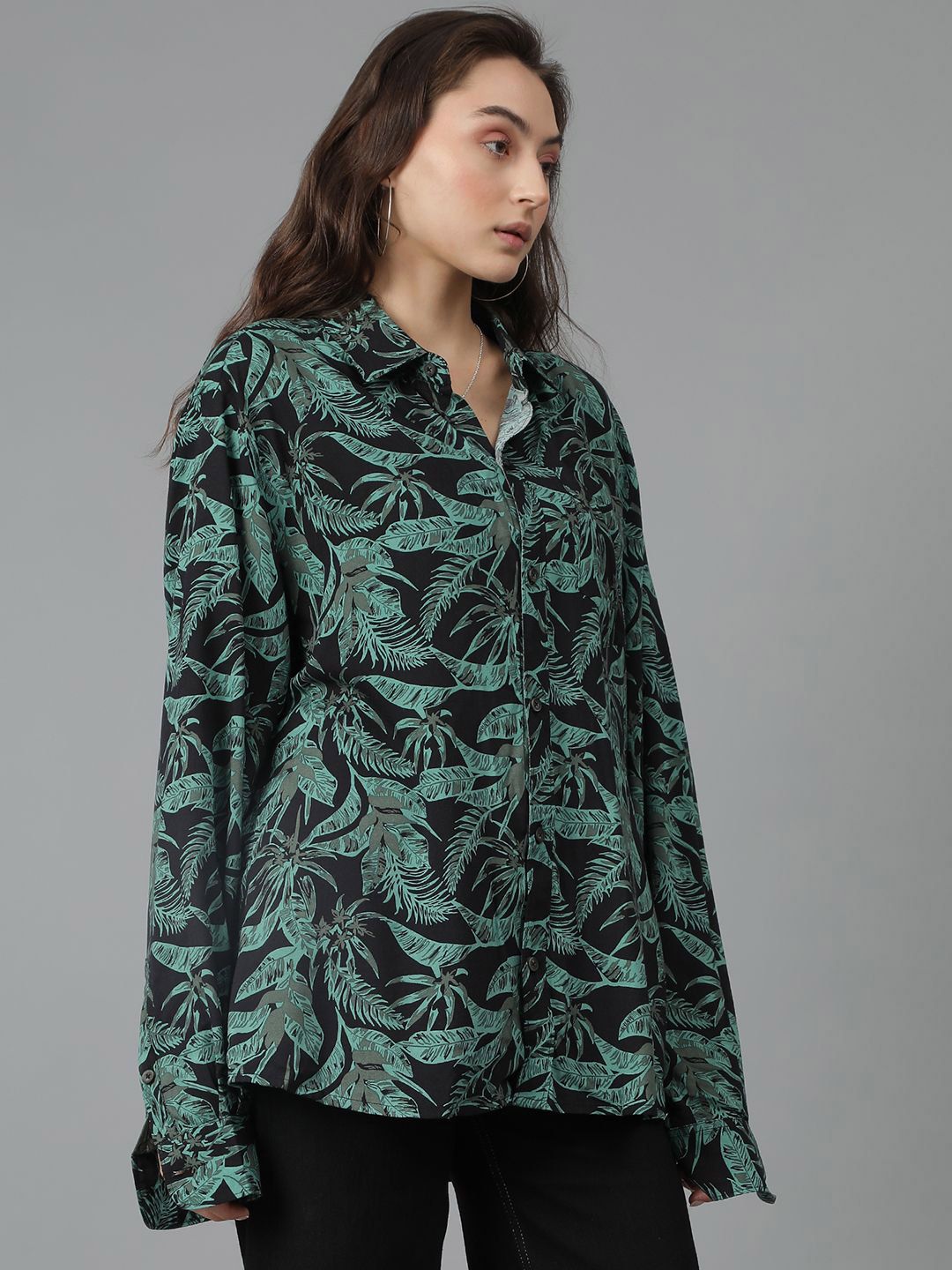 Kotty Women Spread Collar Floral Printed Cotton Oversized Casual Shirt