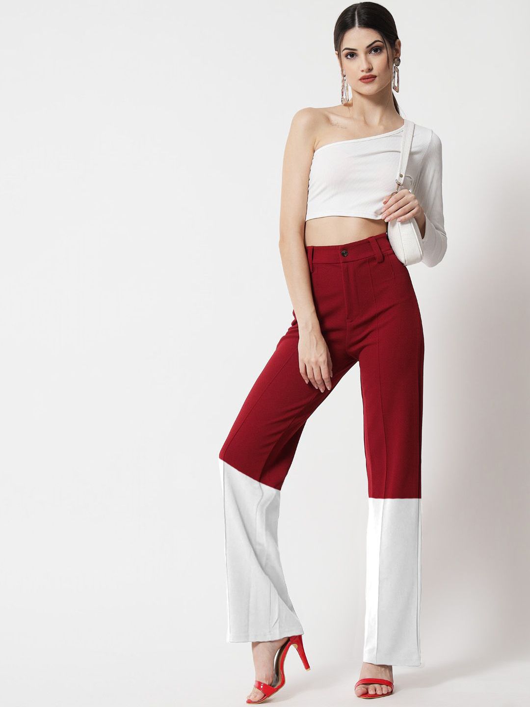 Kotty Women Colourblocked Relaxed Straight Leg Straight Fit High-Rise Easy Wash Trousers