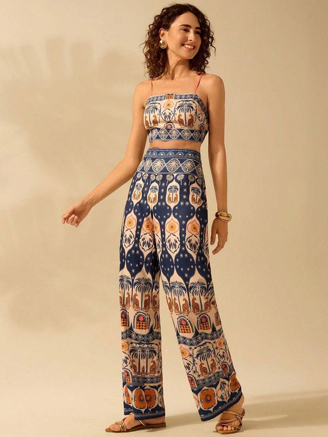 Kotty Women Ethnic Motifs Printed Relaxed Flared High-Rise Trousers