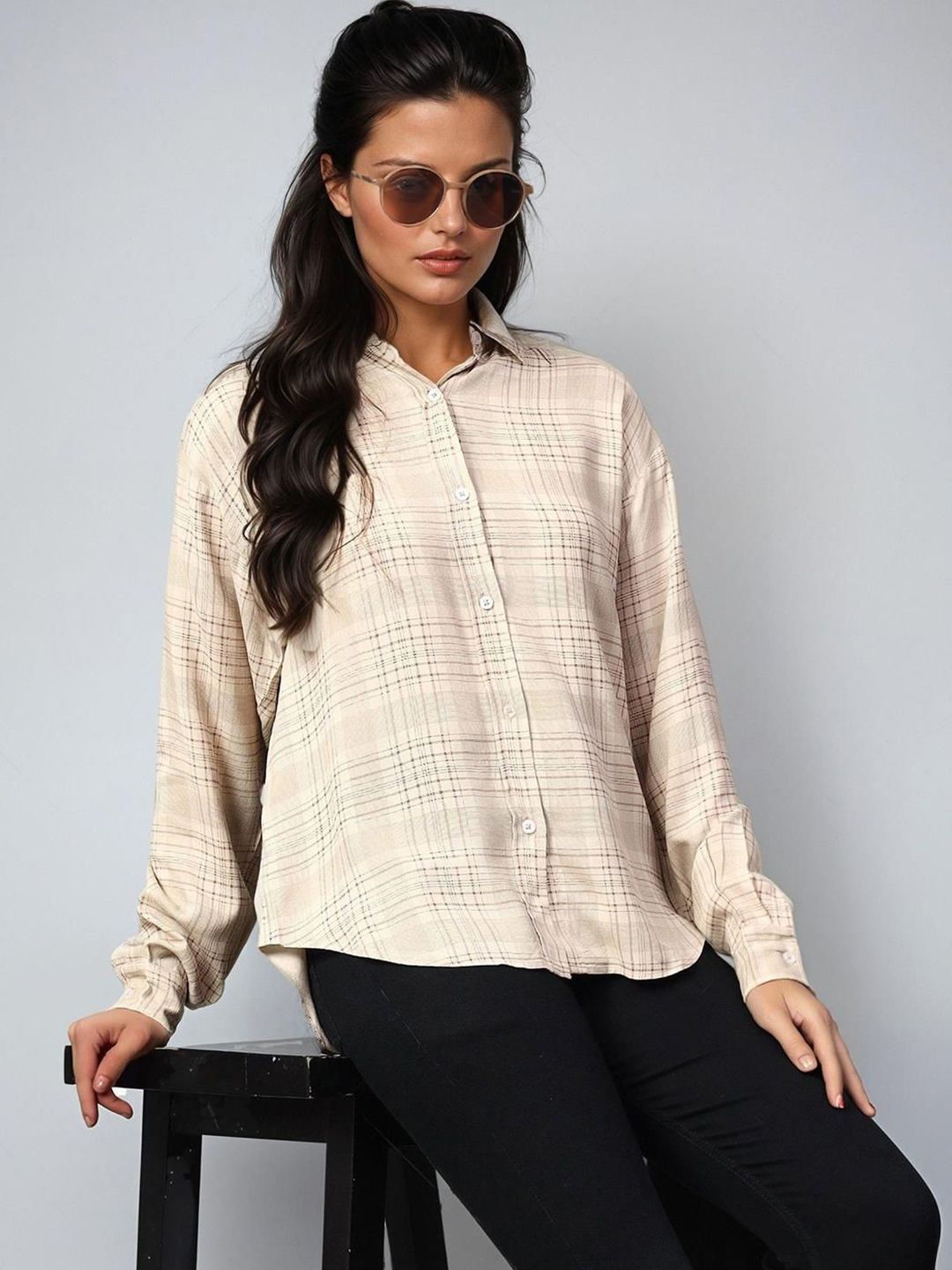 Kotty Women Spread Collar Checked Cotton Casual Shirt
