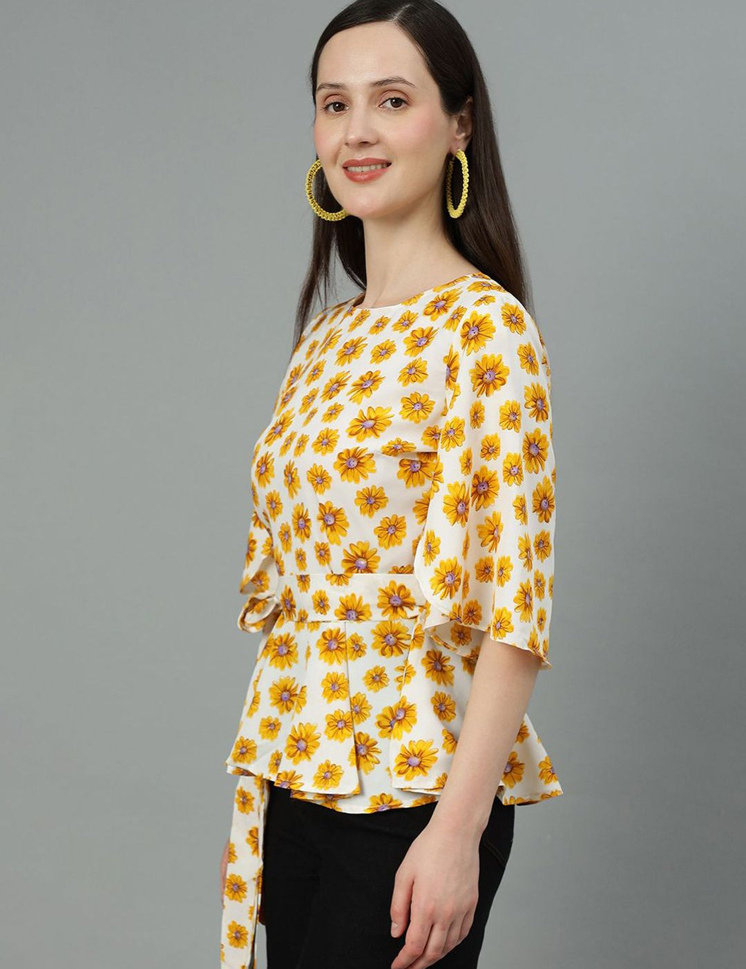 Kotty Women Floral Printed Flared Sleeve Cinched Waist Top