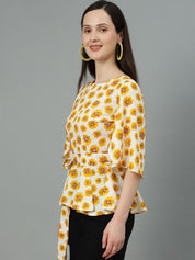 Kotty Women Floral Printed Flared Sleeve Cinched Waist Top