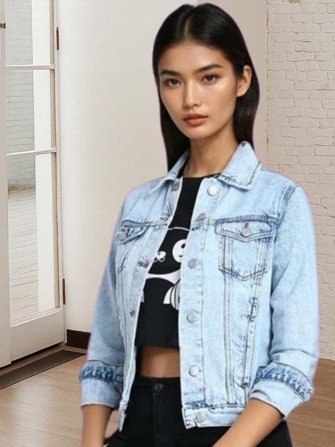 Kotty Women Spread Collar Solid Denim Jacket