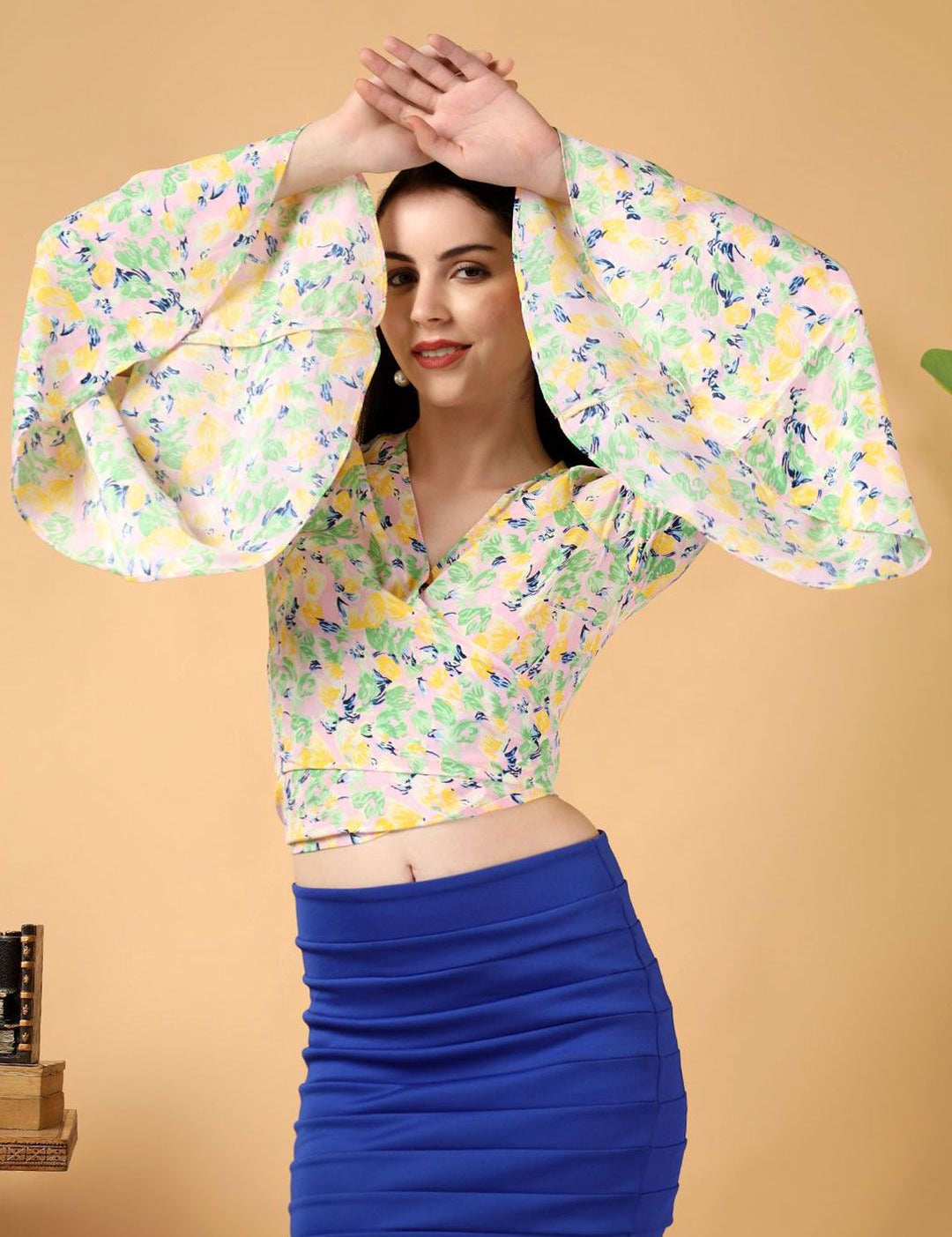 Kotty Floral Print Bell Sleeve Crepe Wrap Crop Top