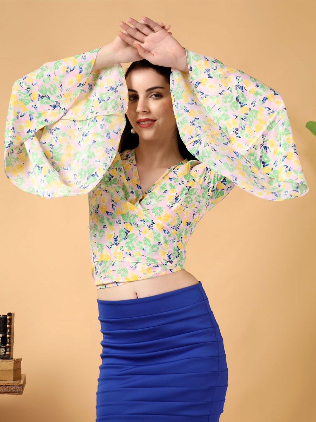 Kotty Floral Print Bell Sleeve Crepe Wrap Crop Top