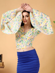 Kotty Floral Print Bell Sleeve Crepe Wrap Crop Top