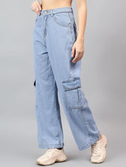 Kotty Women Wide Leg High-Rise Stretchable Cargos Style Jeans